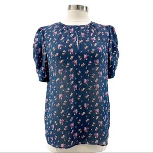 J. Crew Ruched Sleeve Sparkle Floral Top Blue MT